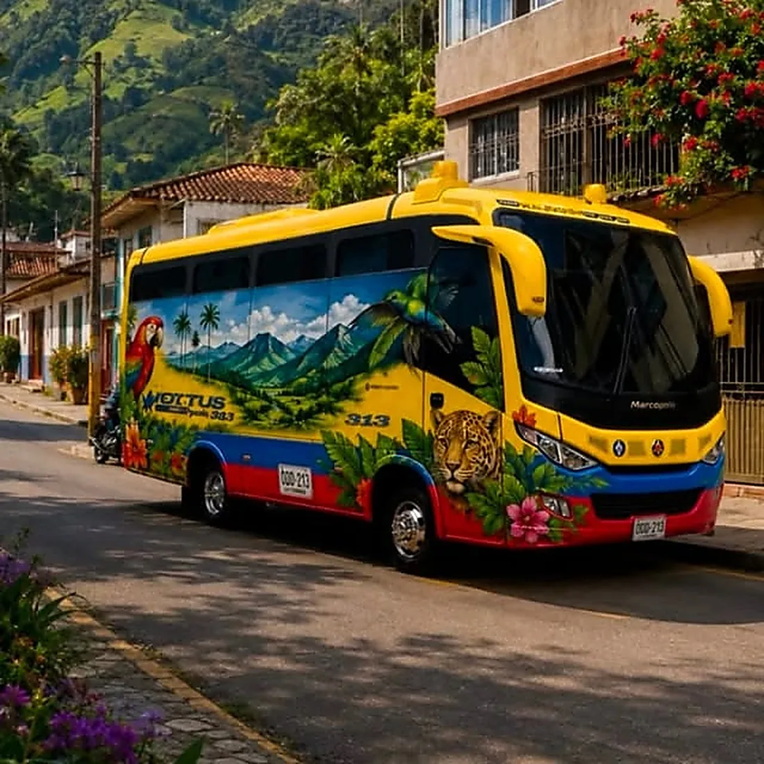 Bus de turismo de Lottus Express en una salida de grupo, en un pueblo de montaña