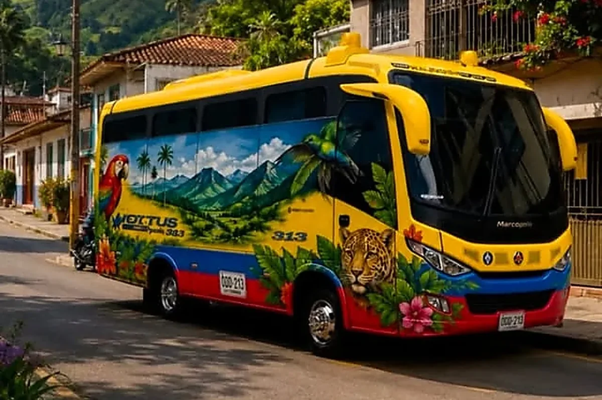 Bus de Lottus Express en la calle de un pueblo, con la montaña verde detrás, listo para una salida de grupo