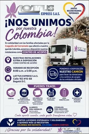 Flyer publicado por Lottus Express anunciando el centro de acopio en la Calle 163 número 15-68