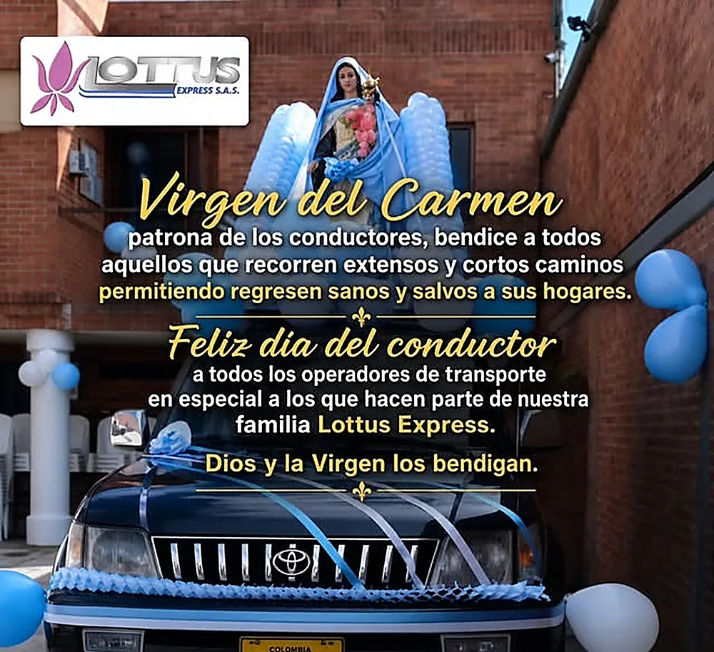 Tarjeta publicada por Lottus Express para la Virgen del Carmen y el Día del Conductor